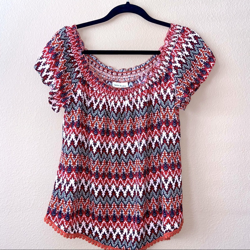 belle du jour off the shoulder boho geometric top